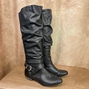 Fergie Knee High Slouch Riding Boots Black Faux Leather Strappy Buckle Euro Y2K